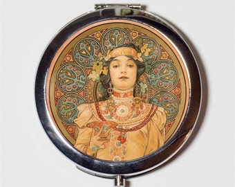 Alphonse Mucha Compact Mirror - Tribal Floral Art Nouveau Boho Bohemian Gypsy  - Make Up Pocket Mirror for Cosmetics