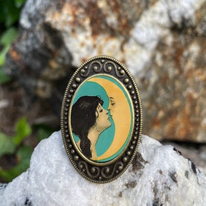 Mond Kuss Antiqued Bronze verstellbarer Ring Mann im Mond romantische Jugendstil Messing
