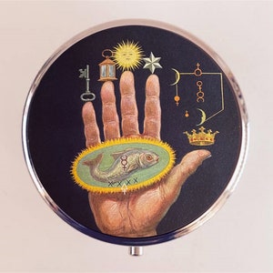 Mystical Hand Occult Pill Box Case Pillbox Holder Trinket Astrology Astrological Zodiac Antique Image