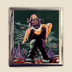 Robot and Woman Cigarette Case Business Card ID Holder Wallet 1950&#39;s Kitsch Sci Fi Romance
