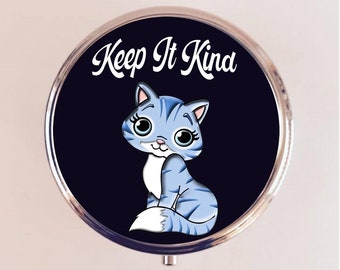 Keep It Kind Retro Cat Pill Box Case Pillbox Holder Trinket Organizer Big Eyed Art Positivity