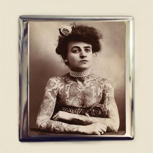 Dame tatouée étui à cigarettes porte-cartes d'identité portefeuille Sideshow Circus Freak Tattoo rétro