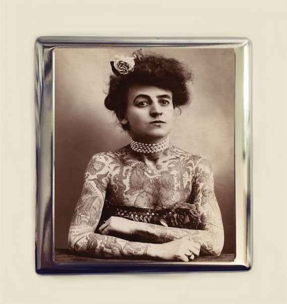 Tattooed Lady Cigarette Case Business Card ID Holder Wallet Sideshow Circus  Freak Tattoo Retro