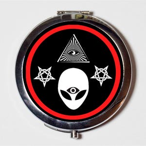 Alien Illuminati Compact Mirror - All Seeing Eye UFO Masonic Pentagram Occult - Make Up Pocket Mirror for Cosmetics