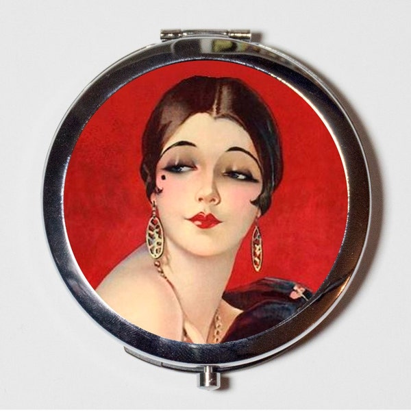 Art Deco Flapper Compact Mirror - 1920's Jazz Age Roaring 20s Portrait - Make Up Pocket Mirror for Cosmetics