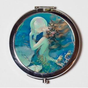 Espejo compacto de sirena con perla, playa náutica, océano, sirena, sirenas, espejo de bolsillo para cosméticos