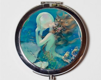 Mermaid with Pearl Compact Mirror - Nautical Beach Ocean Sea Siren Mermaids - Make Up Pocket Mirror for Cosmetics