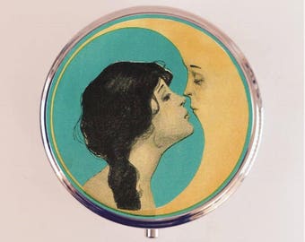Man in the Moon Kiss Pill Box Case Pillbox Holder Trinket Crescent Moon Romantic Kissing Art Nouveau