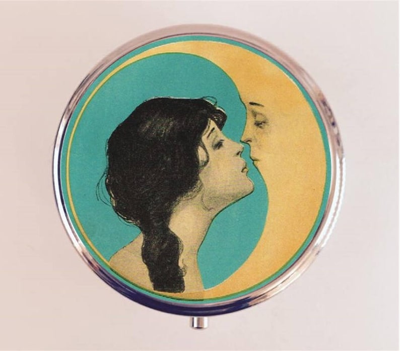 Man in the Moon Kiss Pill Box Case Pillbox Holder Trinket Stash Box Crescent Moon Romantic Kissing Art Nouveau 