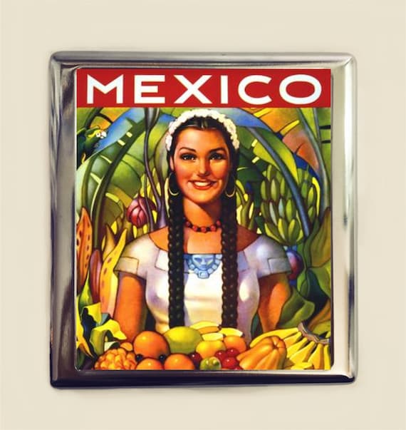 mexico cigarette box Mexican Travel Poster Cigarette Case Business Card ID Holder Wallet Fruit  Woman Mexico Vintage Ad