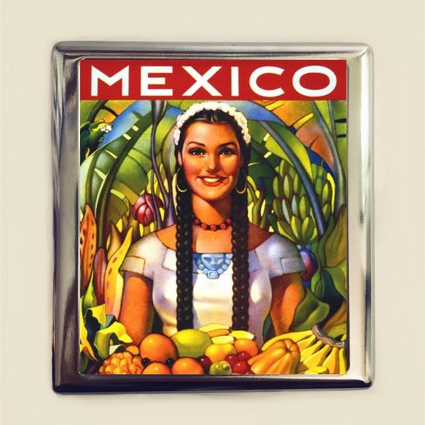 Póster de viaje mexicano, estuche para cigarrillos, tarjetero, billetera, fruta, mujer, México, anuncio vintage