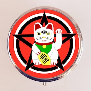 Maneki Neko Pentacle Pill Box Case Pillbox Holder Trinket Box Japanese Lucky Cat Occult Witchcraft Third Eye Trippy