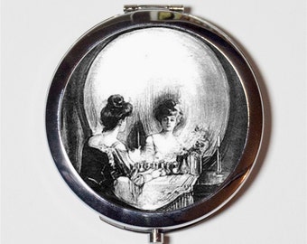 All is Vanity Compact Mirror - Skull Illusion Goth Metamorphic Woman Optical Illusion - Make Up Pocket Mirror for Cosmetics