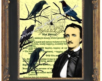 May include: A framed print of a vintage illustration featuring Edgar Allan Poe, the author of "The Raven", with three ravens perched on branches and a spider web in the background. The text of the poem is visible in the background.