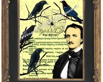 Edgar Allan Poe Raven Poem Art Print 8 x 10 - With Ravens & Spiderweb