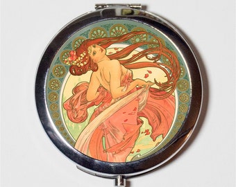 Alphonse Mucha Compact Mirror - Long Flowing Hair Art Nouveau Boho Bohemian Gypsy  - Make Up Pocket Mirror for Cosmetics