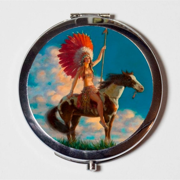 Art Deco Native American Compact Mirror - Horse Indian Roaring 20s Jazz Age Flapper - Make Up Pocket Mirror for Cosmetics