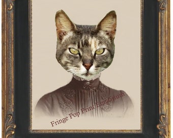 Victorian Cat Art Print 8 x 10 - Altered Art Kitty Cat in Victorian Dress - Steampunk - Anthropomorphic