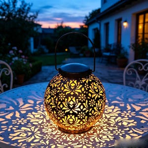 May include: A spherical metal lantern with a dark finish and intricate floral cutouts, featuring a top handle and an internal light source that casts a glowing, patterned projection onto the surface beneath it.