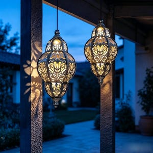 May include: Two hanging lanterns with intricate cut-out metal patterns and a metallic finish. Each lantern features a bulbous shape with a pointed top and bottom, emitting a warm, soft glow from within that casts detailed shadows on the nearby post.