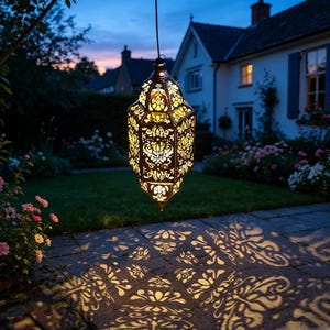 May include: A hanging metal lantern with an intricate cut-out pattern that glows from within, casting a detailed, symmetrical light projection onto the ground below. The lantern features a pointed top and bottom with a warm, golden illumination.