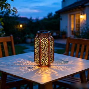May include: A cylindrical metal lantern with a bronze finish and intricate laser-cut filigree patterns. The lantern emits a warm, glowing light from within, casting detailed, decorative shadows across the surface it rests upon.