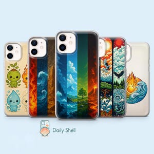 Puede incluir: Una colección de seis fundas transparentes para smartphone con diversos diseños de temática natural, incluyendo paisajes elementales, motivos estilizados de agua, fuego y tierra, e ilustraciones de personajes. El logo Daily Shell es visible.