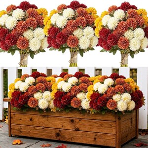 May include: Three bouquets of artificial chrysanthemum flowers in shades of burgundy, burnt orange, cream, and yellow, each tied with burlap twine. Below, a rectangular wooden planter box is filled with an arrangement of the same flowers.