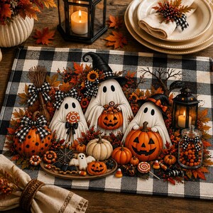 Halloween Ghosts Quilted Placemat | Pumpkin, Fall Leaves, Buffalo Check image 3