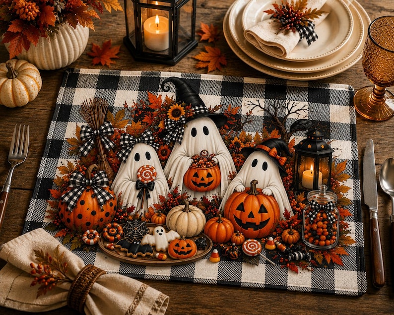 Halloween Ghosts Quilted Placemat | Pumpkin, Fall Leaves, Buffalo Check image 3