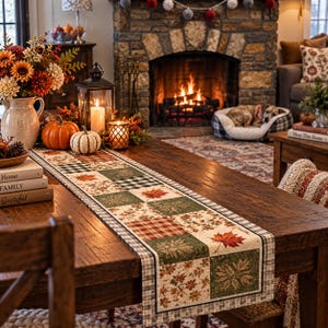 May include: A rectangular table runner featuring a patchwork design of autumn-themed squares with patterns of fall leaves, plaid, and gingham in shades of orange, green, and cream, finished with a grey and white checkered border along the edges.