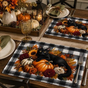 Black Cat with Pumpkins Quilted Placemat | Autumn Pumpkin Farmhouse Table Décor image 4
