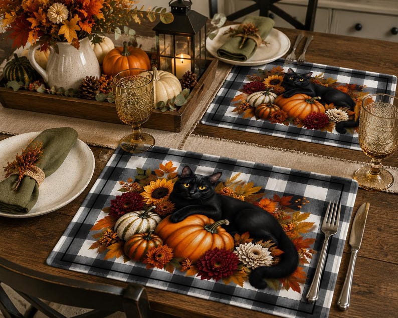 Black Cat with Pumpkins Quilted Placemat | Autumn Pumpkin Farmhouse Table Décor image 4