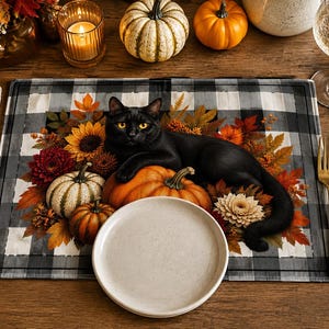 Black Cat with Pumpkins Quilted Placemat | Autumn Pumpkin Farmhouse Table Décor image 2