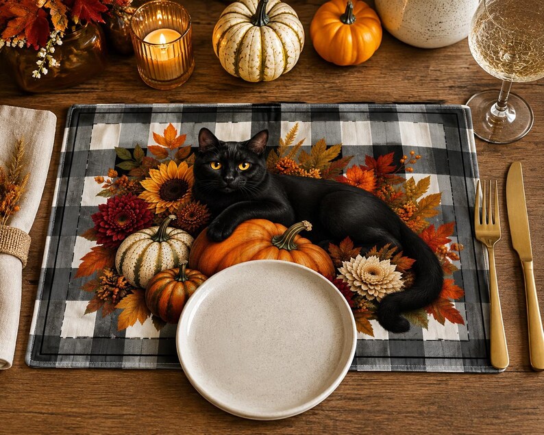 Black Cat with Pumpkins Quilted Placemat | Autumn Pumpkin Farmhouse Table Décor image 2
