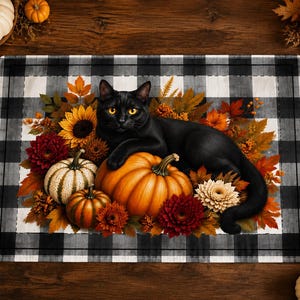 Black Cat with Pumpkins Quilted Placemat | Autumn Pumpkin Farmhouse Table Décor image 1