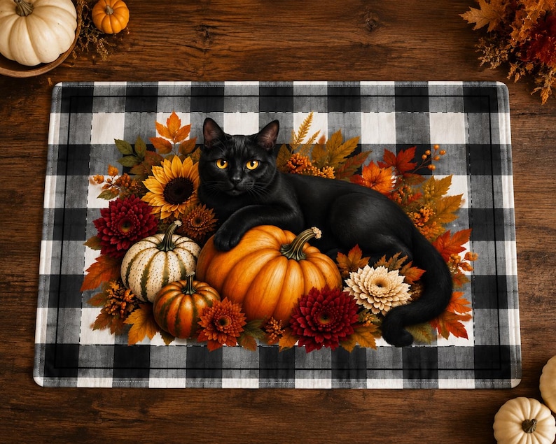 Black Cat with Pumpkins Quilted Placemat | Autumn Pumpkin Farmhouse Table Décor image 1