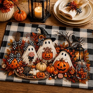 Halloween Ghosts Quilted Placemat | Pumpkin, Fall Leaves, Buffalo Check image 2