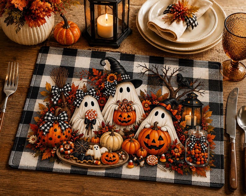 Halloween Ghosts Quilted Placemat | Pumpkin, Fall Leaves, Buffalo Check image 2
