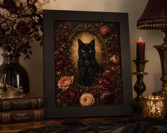 May include: A framed portrait of a black cat wearing a dark bow tie, centered within an ornate oval frame surrounded by deep red and peach-colored roses and foliage. The artwork is presented in a simple black frame with a matte finish.