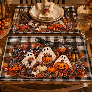 Halloween Ghosts Quilted Placemat | Pumpkin, Fall Leaves, Buffalo Check image 4
