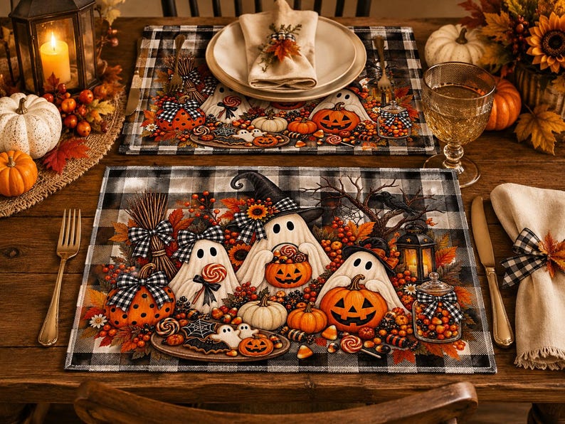 Halloween Ghosts Quilted Placemat | Pumpkin, Fall Leaves, Buffalo Check image 4