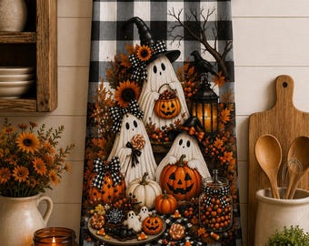 Halloween Ghosts Tea Towel — Pumpkin & Buffalo Check Kitchen Towel