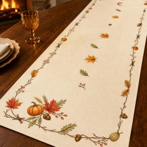 Chemin de table matelassé à bordure de feuilles d'automne | Décoration d'intérieur automnale