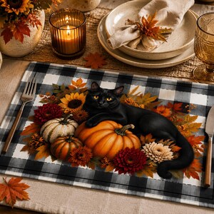 Black Cat with Pumpkins Quilted Placemat | Autumn Pumpkin Farmhouse Table Décor image 3