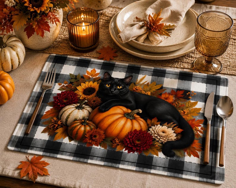 Black Cat with Pumpkins Quilted Placemat | Autumn Pumpkin Farmhouse Table Décor image 3