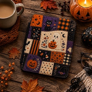 May include: A rectangular e-reader case featuring a quilted patchwork design with Halloween motifs including a white ghost holding a pumpkin, a black cat, jack-o'-lanterns, a witch hat, candy corn, moons, and stars in a color palette of orange, black, and purple.