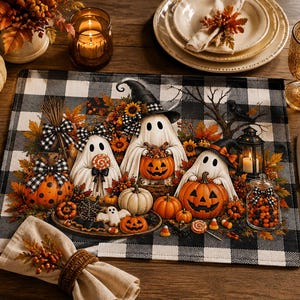 Halloween Ghosts Quilted Placemat | Pumpkin, Fall Leaves, Buffalo Check