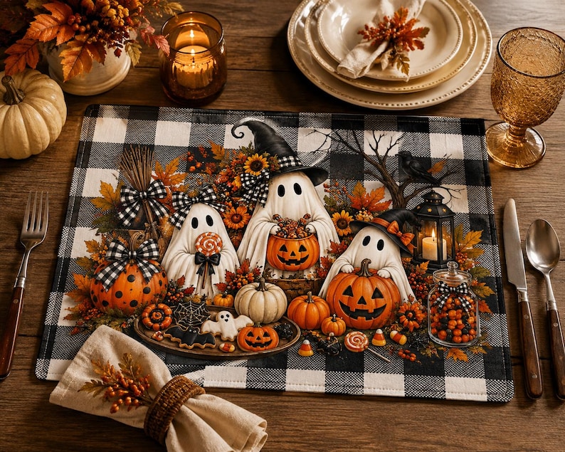 Halloween Ghosts Quilted Placemat | Pumpkin, Fall Leaves, Buffalo Check image 1