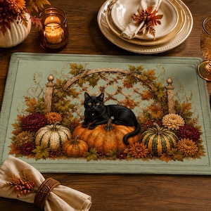 Black Cat on Pumpkins Quilted Placemat | Autumn Harvest Table Decor